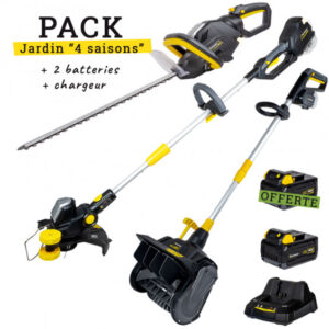 Pack Jardin sans Fil 4 Saisons : Coupe Bordure + Taille Haie + Fraise à Neige + 2 Batteries + Chargeur