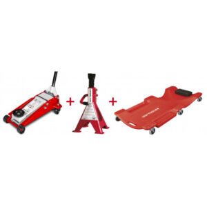 Pack Cric 3t avec Double Pompe + Paire de Chandelles 3t et Chariot Mécanicien Mw-Tools